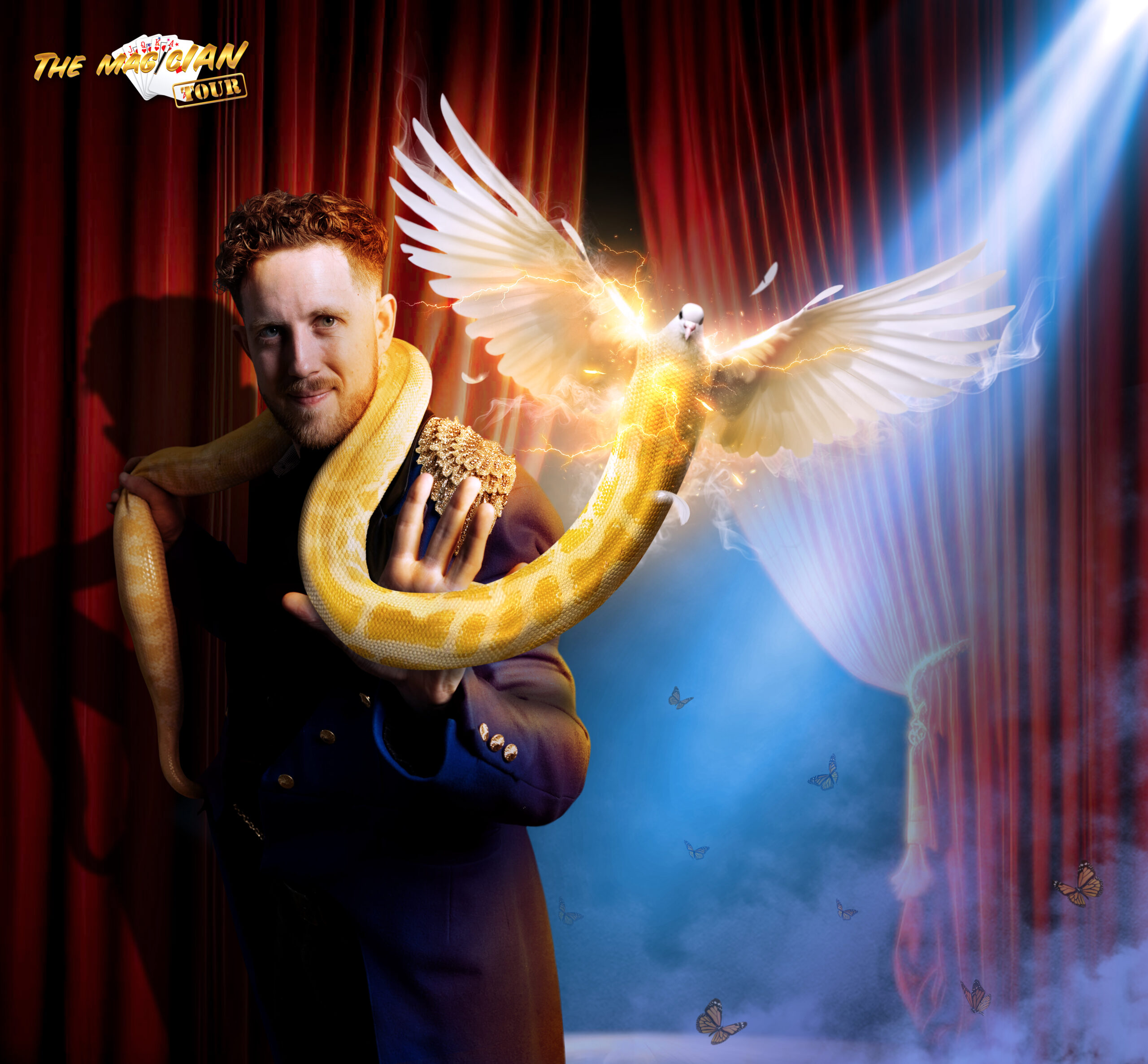 Comedy magician - The show features a motivational message along with real doves magically morphing into a real snake with visual effects.