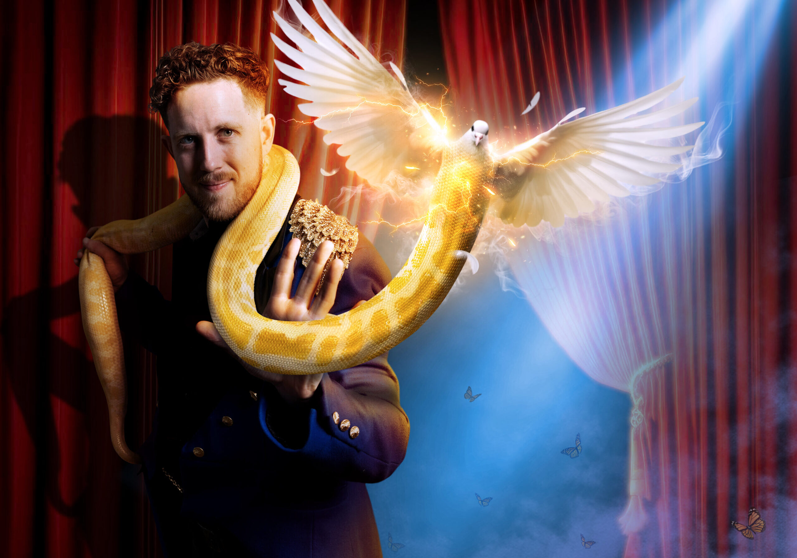 The comedy magician in Los Angeles features a motivational message along with real doves magically morphing into a real snake with visual effects.