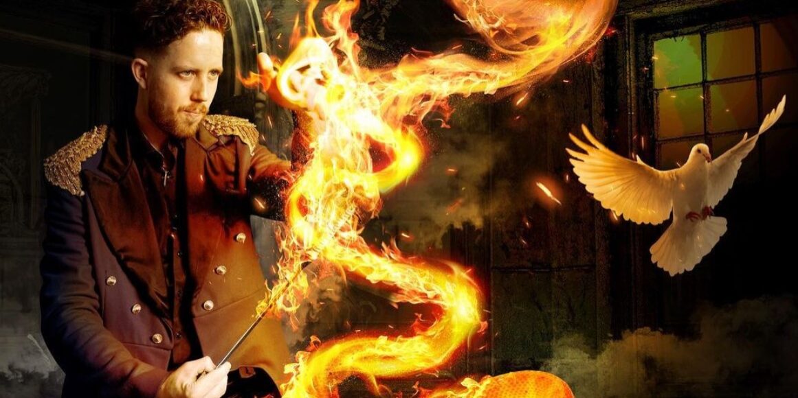 Los Angeles magician performs an illusion with fire and doves.
